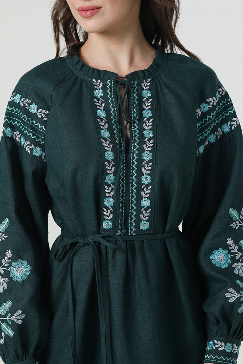 Embroidered dress vyshyvanka made of green linen "Ruzhyna"